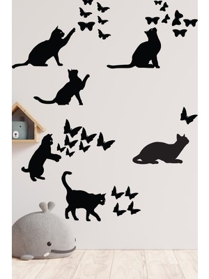 Echo Home Kedi ve Kelebekler Sticker Set Siyah Etiket Duvar Sticker