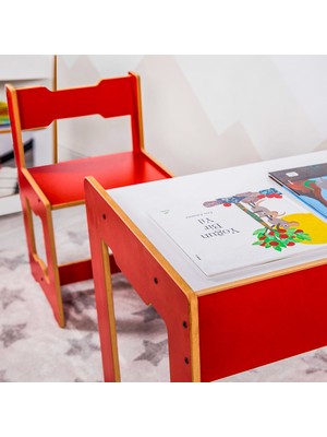 Minera 4-6 Yaş Martı Ahşap Montessori Çocuk Oyun, Çalışma ve Aktivite Masası ve Sandalyesi / Kırmızı