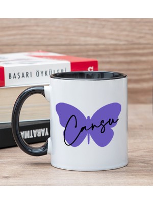 Hediye Dükkanı Kişiye Özel Kadına Hediye Kelebek Tasarım İsimli Siyah Kupa Bardak