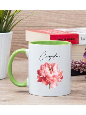 Hediye Dükkanı Kişiye Özel Pembe Çiçekli İsme Özel Yeşil Kupa Bardak