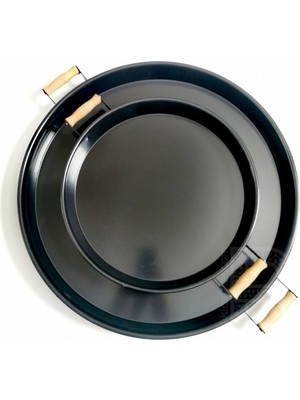 Kitchen Trend 2 Li 51 cm ve 37 cm Ahşap Kulplu Metal Yuvarlak Siyah Tepsi Sunum Tepsi, Kahvaltı Tepsisi