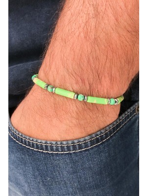 FRNCH Silindir Varisit Doğal Taşlı Yeşil Renk Ayarlanabilir Erkek Bileklik