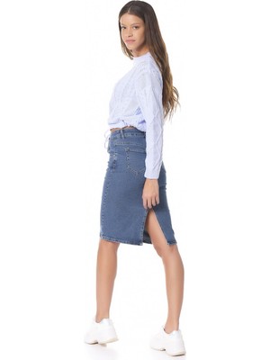 Its Basic Kadın Mavi Renk Slim Fit Yüksek Bel Arkadan Yırtmaçlı Jean Etek