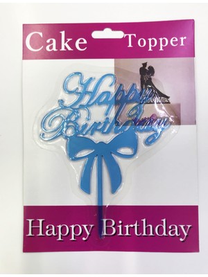 Samur Happy Birthday Yazılı Fiyonklu Pasta Kek Çubuğu Mavi Renk