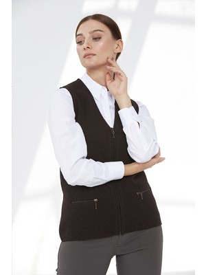 Desen Triko Kadın Çelik Örgü Cebi Fermuarlı Düz Triko Yelek K.kahve
