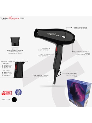 Fönsan Turbo Profesyonel 2200 Watt Fön Makinesi Siyah 3 Isı Ayarı ve 2 Hız Ayarı ile