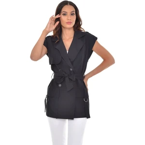 Disentis Modest Mono Yaka Rüzgarlıklı Kapaklı Cepli Apoletli Kendinden Kuşaklı Kruvaze Siyah Yelek