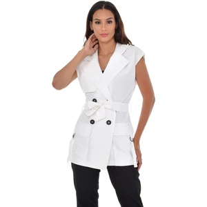 Disentis Modest Mono Yaka Rüzgarlıklı Kapaklı Cepli Apoletli Kendinden Kuşaklı Kruvaze Beyaz Yelek