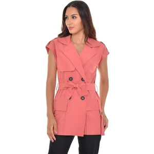 Disentis Modest Mono Yaka Rüzgarlıklı Kapaklı Cepli Apoletli Kendinden Kuşaklı Kruvaze Pembe Yelek