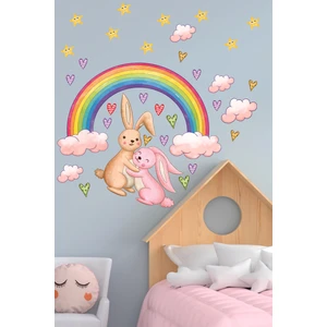 Echo Home Gökkuşağı Altında Sevimli Tavşanlar Yıldızlar ve Bulutlar Duvar Sticker