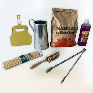 Essen Ticaret 7’li Mangal Barbekü Piknik Seti Kömür 100 Çöp Şiş Tutuşturmatik Jel Yakıt Yelpaze Fırça Maşa
