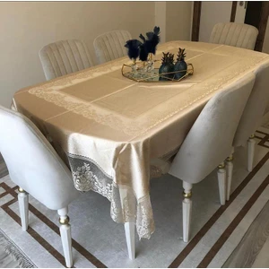 Sosyete Dükkanı Sütlü Kahve Renk Dertsiz Dantelli Masa Örtüsü 160 x 220 cm.