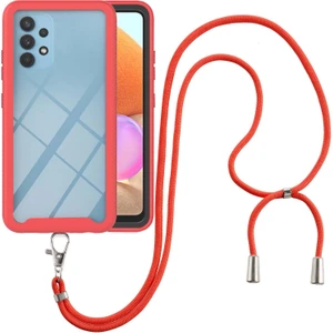 Samsung Galaxy A32 4G İçin Şeffaf Bumper Shockproof Ayarlanabilir Çapraz Askılı Askılı Tam Koruma Kılıf Kapaklı Kırmızı (Yurt Dışından)