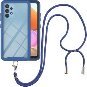 Samsung Galaxy A32 4G İçin Şeffaf Bumper Shockproof Ayarlanabilir Çapraz Askılı Askılı Tam Koruma Kılıf Kapaklı Mavi (Yurt Dışından)