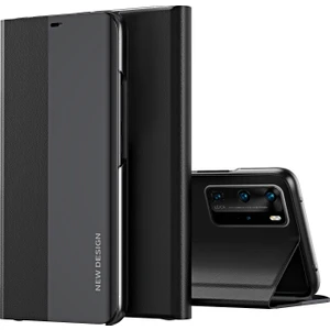 Huawei P40 Pro Için Ince Flip Deri Manyetik Kılıf Kapaklı Siyah
