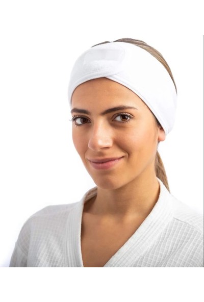 Nevateks Makyaj Saç Bandı Bandanası Etrafı Biyeli Cırt Bantlı Beyaz Microfiber Kozmetik Kuaför Spor Spa Wellsoft 63X10 cm