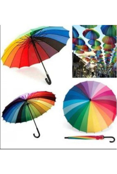 Hediye Center Gökkuşağı Şemsiye Rengarenk Şemsiye 16 Telli 16 Renkli Şemsiye