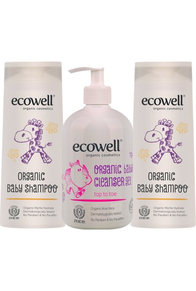 Ecowell Organik Bebe Şampuanı - 300 Ml. (2 Adet) + Organik Temizleme Jeli 500 Ml.