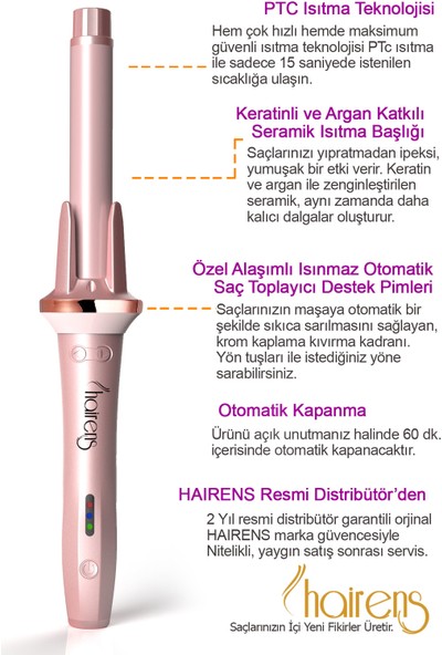 Hairens HRS-260 Otomatik Kırık Fön Saç Maşası 25 Mm. Ekstra Uzun Başlık.