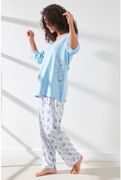 C&city Kadın Uzun Kol Pijama Takım C18031853565 Açık Mavi