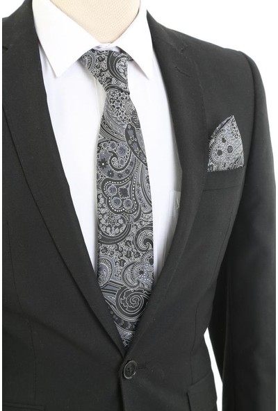 Brianze Siyah Şal Desen Mendilli Kravat