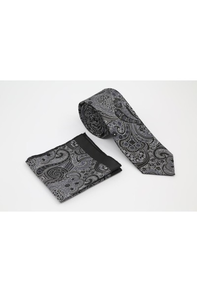 Brianze Siyah Şal Desen Mendilli Kravat