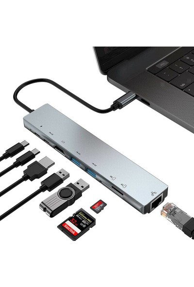 Arabulalaca Ethernet USB Type-C Hub HDMI Girişi Çevirici 8in1 Çevirici Adaptör