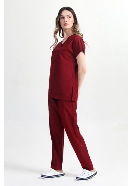 Kadın Yarasakol Bordo Doktor Hemşire Forması Takımı (Alpaka Kumaş) ATY-2801