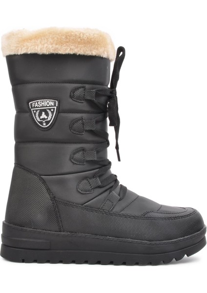995 Siyah-Bej Içi Kürklü Fermuarlı Kadın Uzun Kar Botu