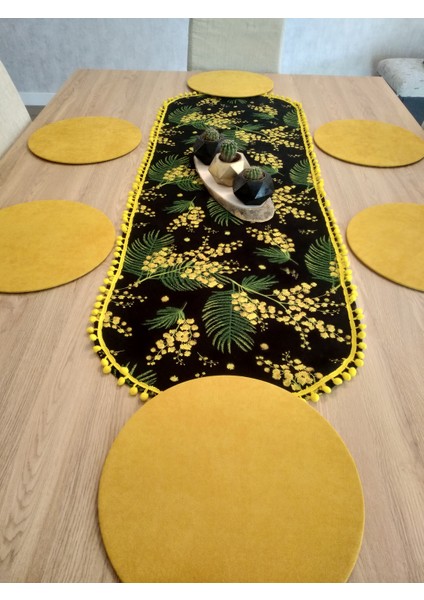 Ayşemce Mimoza Çiçek Desenli, Sarı Ponponlu Runner & 6 Sarı Renk Supla
