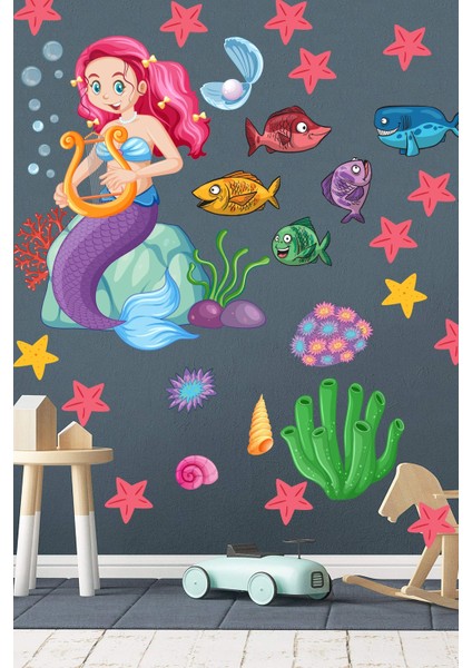Deniz Kızı Deniz Yıldızları ve Balıklar Temalı Bebek Çocuk Odası Sticker modelleri