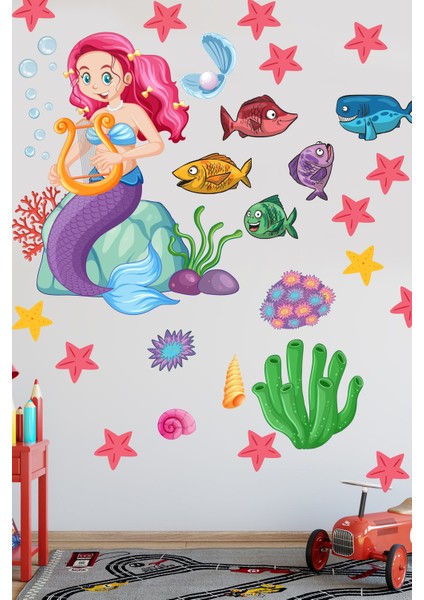 Deniz Kızı Deniz Yıldızları ve Balıklar Temalı Bebek Çocuk Odası Sticker fırsatları