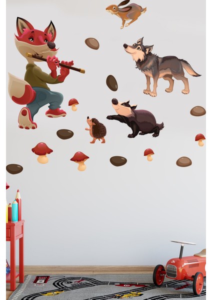 Fülüt Çalan Tilki ve Neşeli Hayvanlar Temalı Duvar Sticker Seti