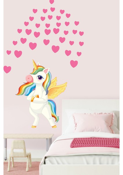 Renkli Sevimli Unicorn Pembe Kalpler Çocuk Odası Anaokulu Duvar Sticker