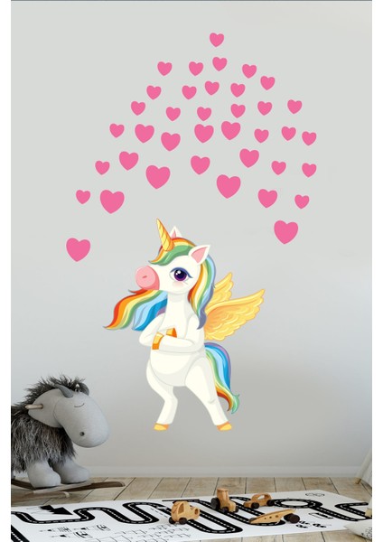Renkli Sevimli Unicorn Pembe Kalpler Çocuk Odası Anaokulu Duvar Sticker modelleri