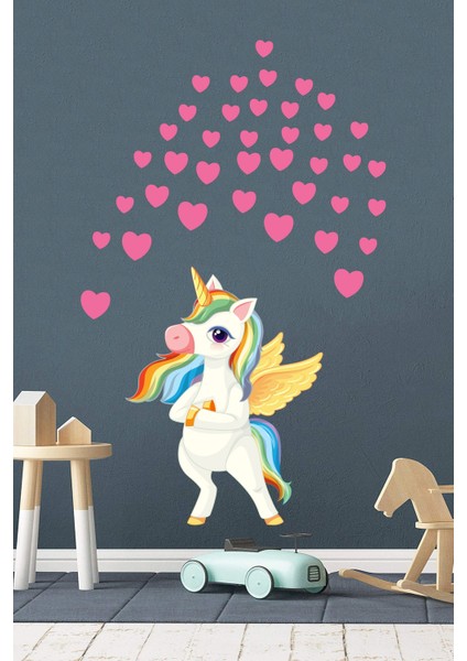 Renkli Sevimli Unicorn Pembe Kalpler Çocuk Odası Anaokulu Duvar Sticker fırsatları