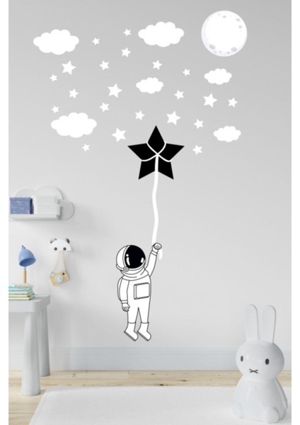 Siyah Beyaz Astronot ve Yıldızlar Çocuk Odası Duvar Sticker 40 Parça