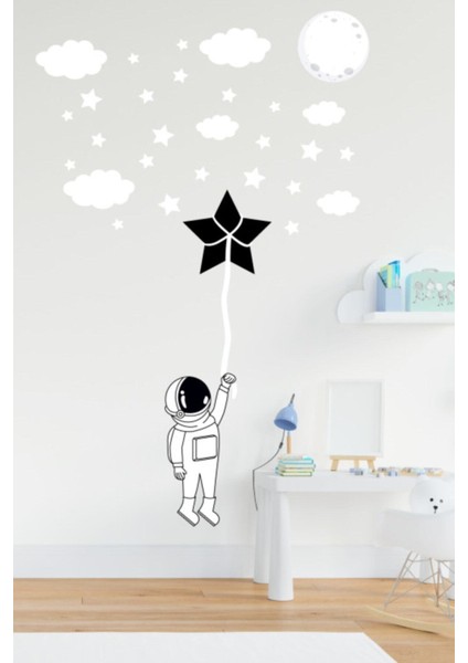 Siyah Beyaz Astronot ve Yıldızlar Çocuk Odası Duvar Sticker 40 Parça fiyatları