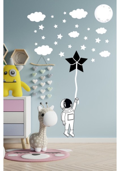 Siyah Beyaz Astronot ve Yıldızlar Çocuk Odası Duvar Sticker 40 Parça modelleri