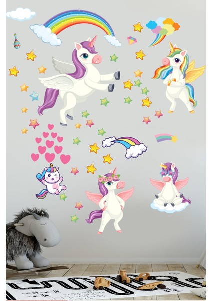 Sevimli Unicorn Gökkuşağı Bulutlar ve Yıldızlar Çocuk Odası Anaokulu Sticker Seti fiyatları