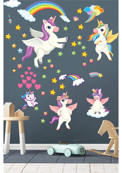 Sevimli Unicorn Gökkuşağı Bulutlar ve Yıldızlar Çocuk Odası Anaokulu Sticker Seti modelleri