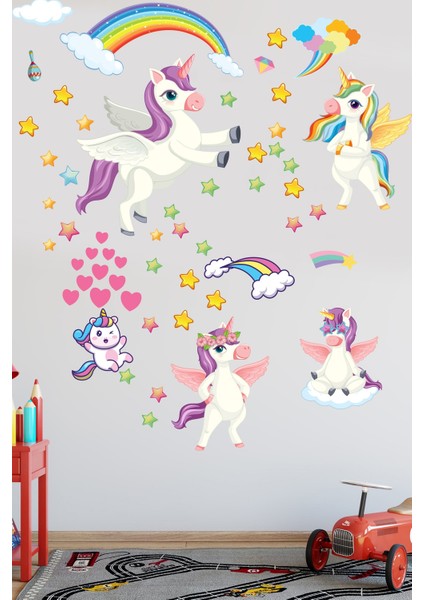 Sevimli Unicorn Gökkuşağı Bulutlar ve Yıldızlar Çocuk Odası Anaokulu Sticker Seti fırsatları