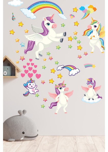 Sevimli Unicorn Gökkuşağı Bulutlar ve Yıldızlar Çocuk Odası Anaokulu Sticker Seti indirimleri