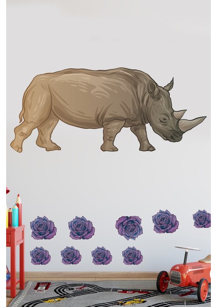 Sof Renkli Dev Boyutlu Gergedan ve Güller Temalı Duvar Sticker Seti