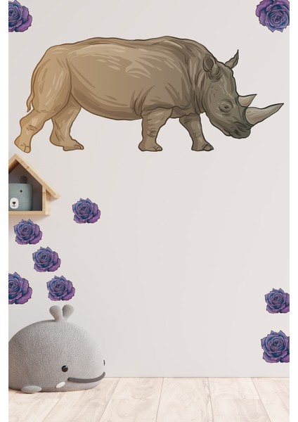 Sof Renkli Dev Boyutlu Gergedan ve Güller Temalı Duvar Sticker Seti