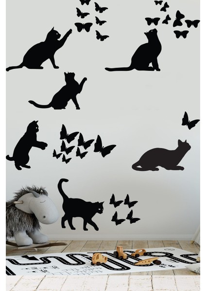 Kedi ve Kelebekler Sticker Set Siyah Etiket Duvar Sticker