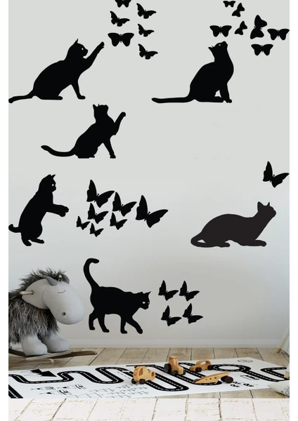 Echo Home Kedi ve Kelebekler Sticker Set Siyah Etiket Duvar Sticker