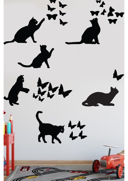 Kedi ve Kelebekler Sticker Set Siyah Etiket Duvar Sticker