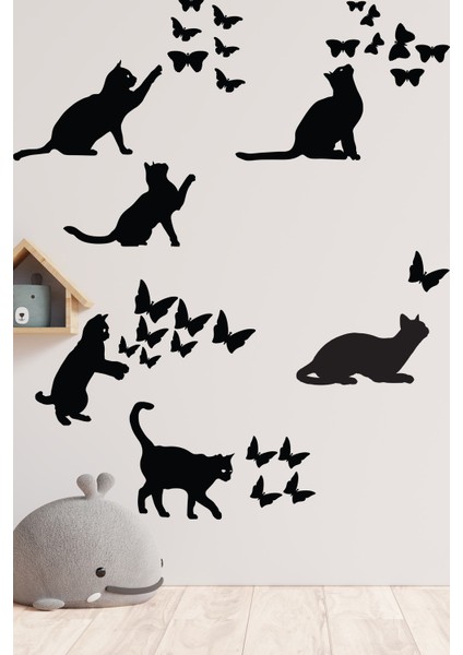 Kedi ve Kelebekler Sticker Set Siyah Etiket Duvar Sticker