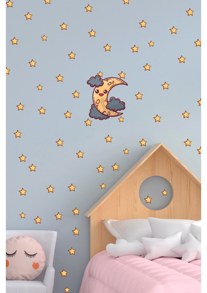 Mavi Çocuk Odası Uyuyan Sevimli Hilal ve Yıldızlar Duvar Sticker Seti